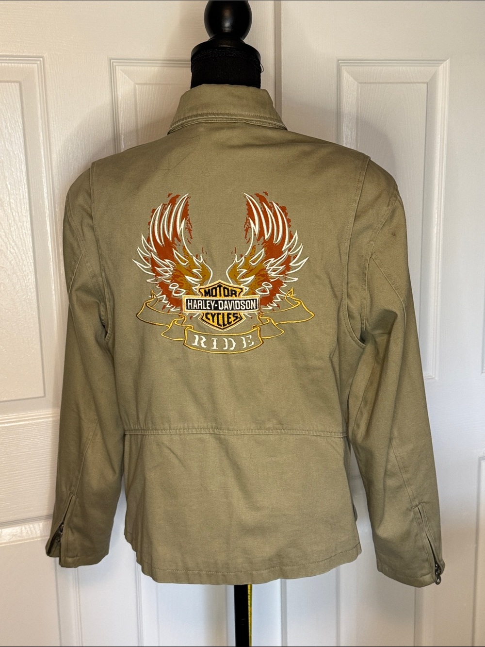 Harley-Davidson Olive Green Riding Jacket with Embroidered Wing Graphic